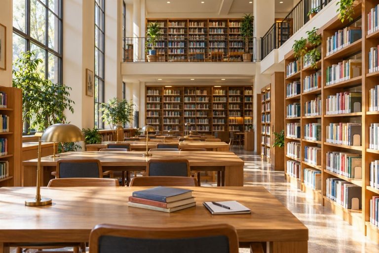 Светлый читальный зал с книжными стеллажами, деревянными столами и настольными лампами.