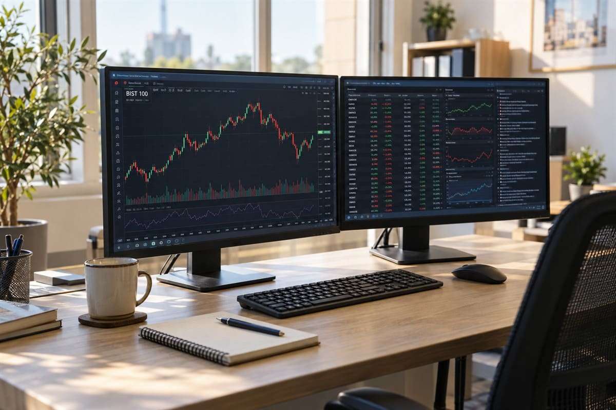 Рабочее место с двумя мониторами, биржевыми графиками и таблицами котировок.