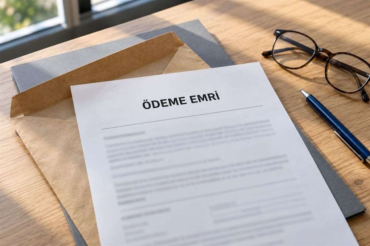 Документ с заголовком Ödeme Emri и конверт на рабочем столе.