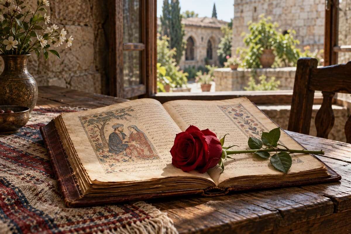 Старинная раскрытая книга и красная роза на деревянном столе у окна.