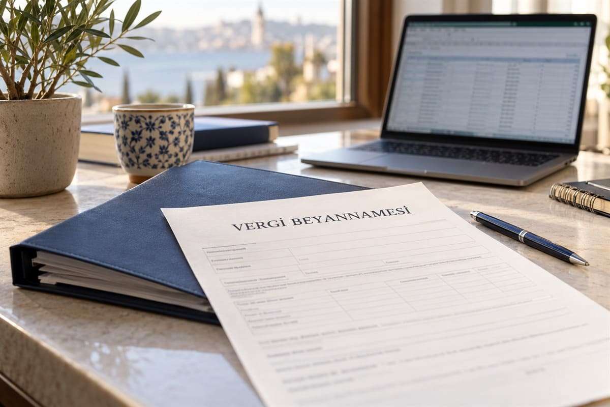 Документ с заголовком Vergi Beyannamesi на синей папке рядом с ноутбуком.