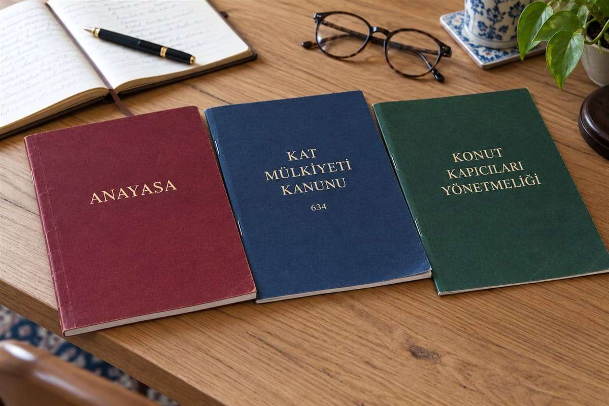 Тонкие брошюры Anayasa, Kat Mülkiyeti Kanunu и Konut Kapıcıları Yönetmeliği на столе.