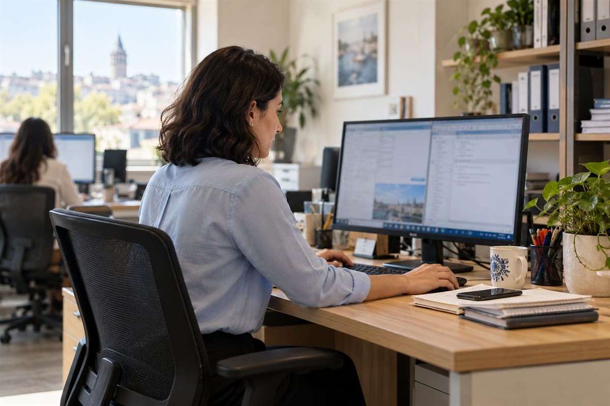 Сотрудница работает за компьютером в светлом офисе.