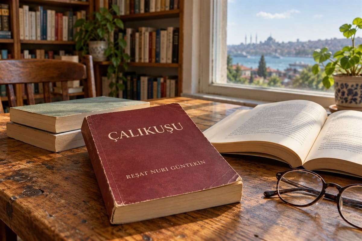 Книги турецкой литературы на столе у окна.