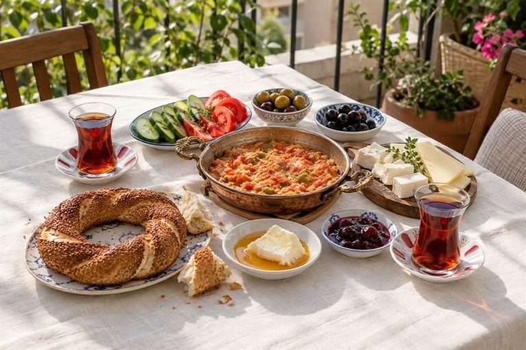 Турецкий завтрак с сыром, оливками, овощами, менеменом, симитом и двумя стаканами чая.