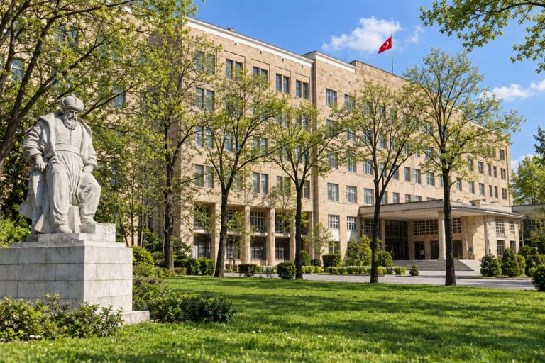 Университетский корпус со светлым каменным фасадом и скульптурой в зеленом дворе.
