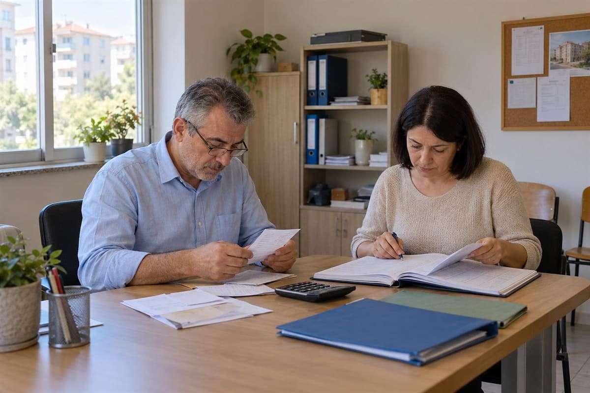 Мужчина и женщина проверяют записи и документы по управлению домом.