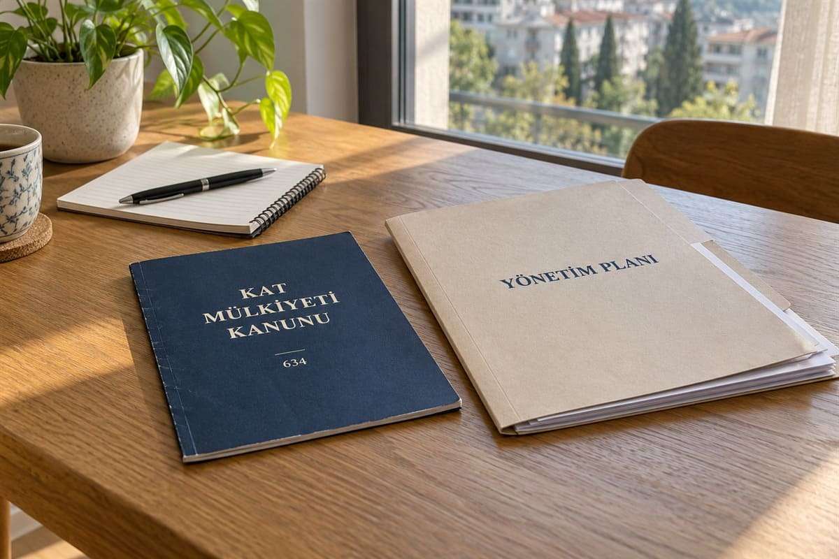Тонкая брошюра Kat Mülkiyeti Kanunu и папка Yönetim Planı на столе.